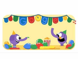 Ajunul Anului Nou este marcat de Google cu un doodle in care  un elefant umfla baloane iar alt elefant le inghite