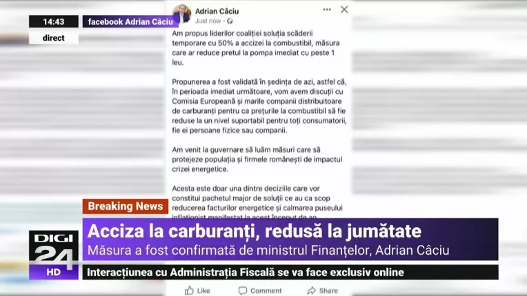 Coalitia a decis reducerea cu 50% a accizei la carburanti