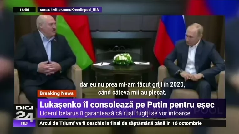 Lukasenko il consoleaza pe Putin, dezamagit ca rusii fug din tara si de mobilizare: "Lasa-i sa fuga"