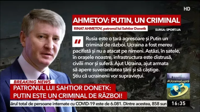 Patronul Sahtior Donetk, despre Vladimir Putin: Putin este un criminal de razboi